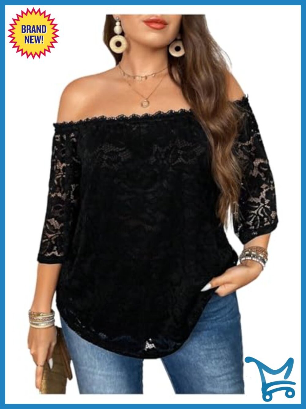 Plus Size Floral Lace Off Shoulder Tee Top 3/4 Sleeve Curved Hem T-Shirt
